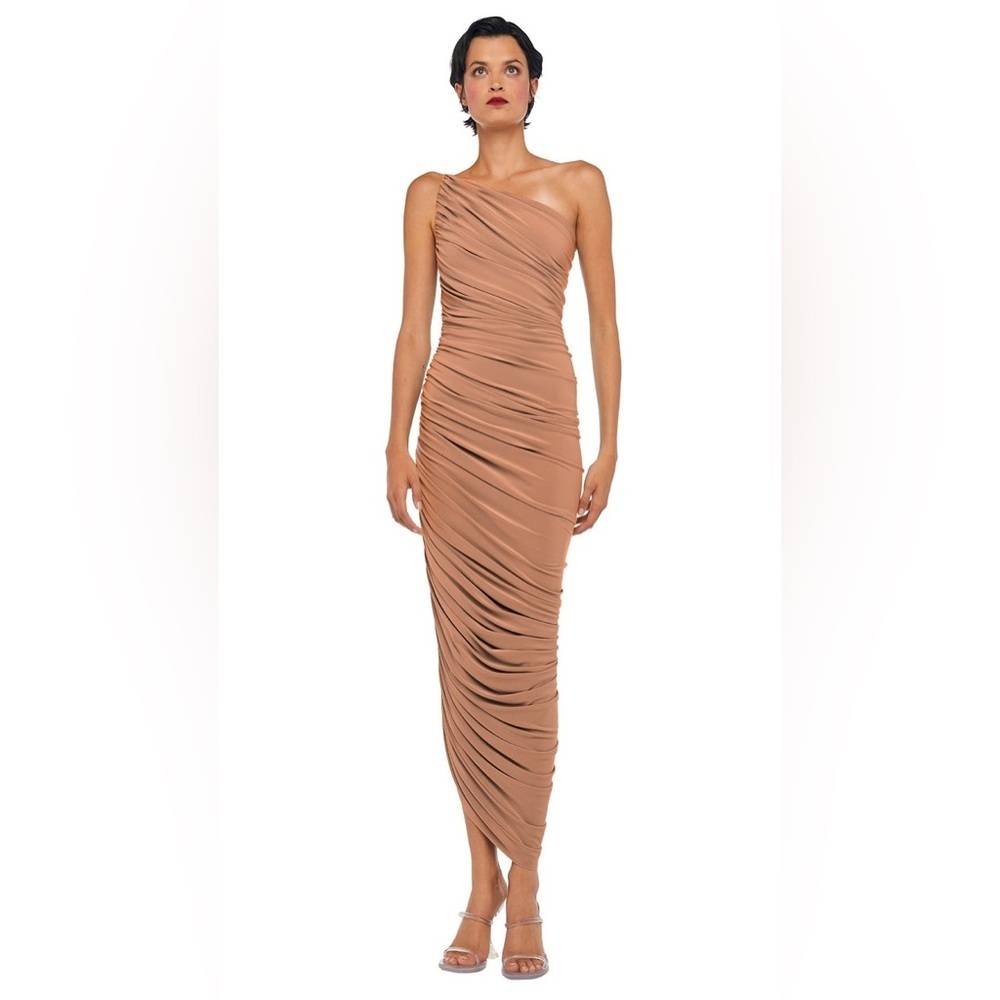 Norma Kamali Diana Ruched One Shoulder Gown in Cappucino